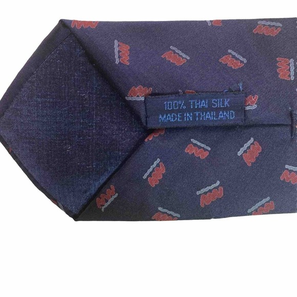 JOLIE FEMME Men's 100% Silk Necktie Designer Geometric Navy Blue W Red VTG RARE - Picture 5 of 8